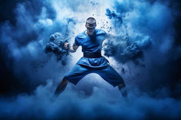 photo the young male athlete kickboxing on a of blue smoke