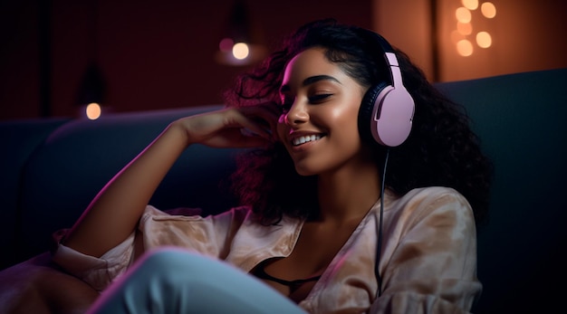 Photo of Young man wearing headphones enjoying music