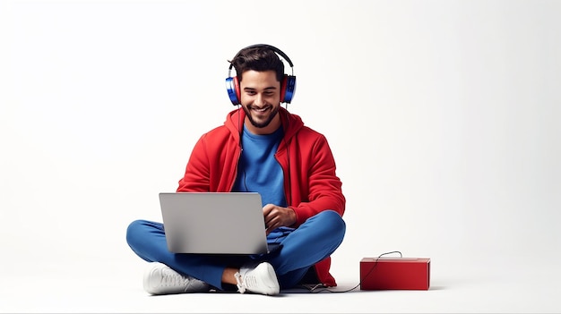 Photo of young man woman girl lady student working with laptop