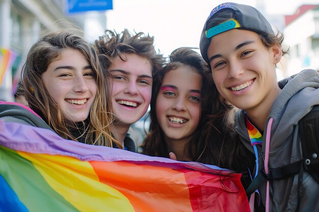 A photo of young people celebrating the pride month with lgbt flag