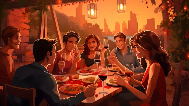 Фотография молодых людей, наслаждающихся вкусным ужином с барбекю и пьющими красное вино