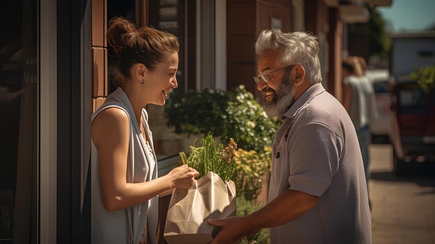 Photo a photo of a young person handing a senior citizen a shoe