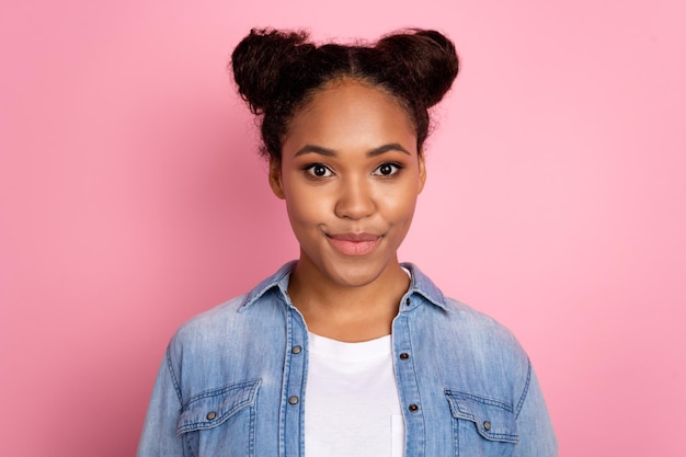 Photo of young pretty african girl good mood intelligent manager expert isolated over pink color background