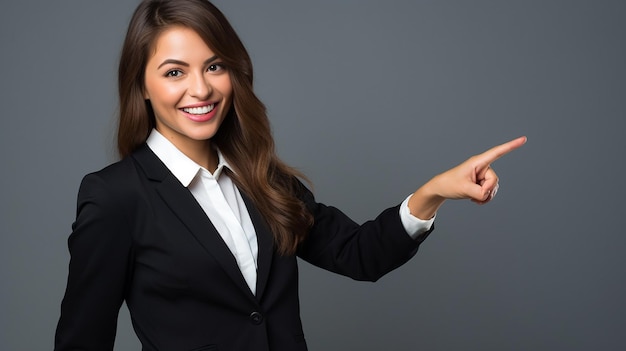 横に指を指している若い専門的なビジネス女性の写真