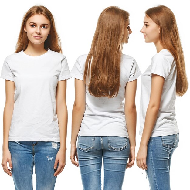 Photo photo of young set promo pose girl in blank white tshirt mockup