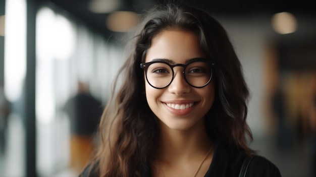 미소 짓는 젊은 라틴인 여자 대학생의 사진