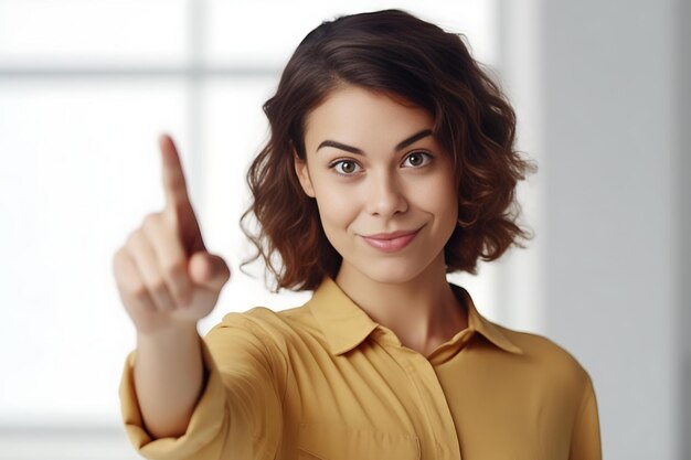 Foto photo giovane donna riflessiva mostrando annuncio puntare il dito e sorridente davanti dando