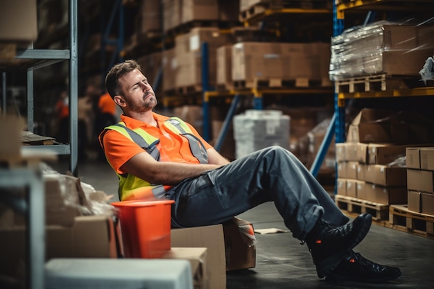 Photo photo young warehouse worker injured leg at workplace