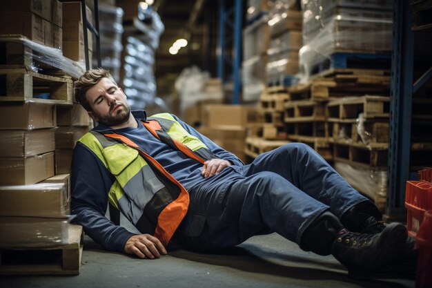 Photo young warehouse worker injured leg at workplace