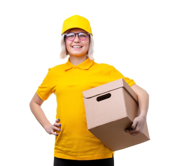 Photo of young woman courier in yellow tshirt on white clean background