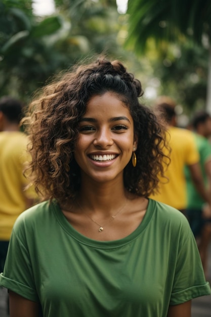 Photo young woman dressed in green and yellow