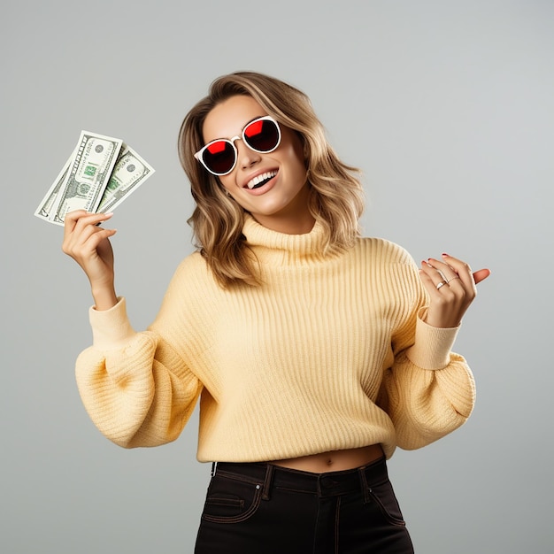 Photo of young woman girl who surprised and holding money