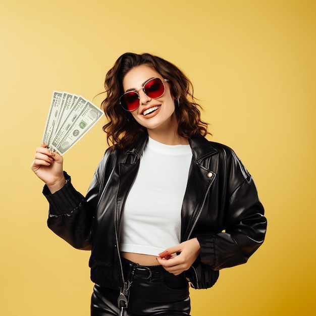 Photo of young woman girl who surprised and holding money