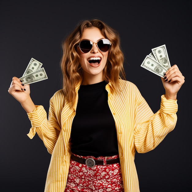 Photo of young woman girl who surprised and holding money