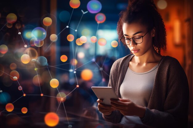 Foto foto di una giovane donna sul suo telefono che coordina un evento virtuale e lo monitora sul suo portatile