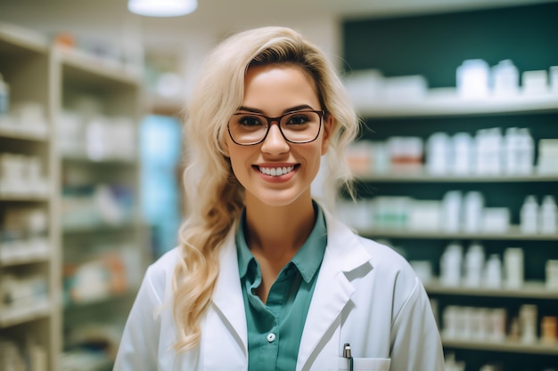 photo young woman pharmacist at pharmacy