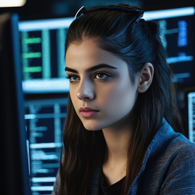 Photo photo of a young woman programmer working with lines of code on multiple screens illustrating the t