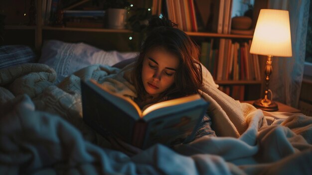 Photo photo of a young woman reading by bedside lamp