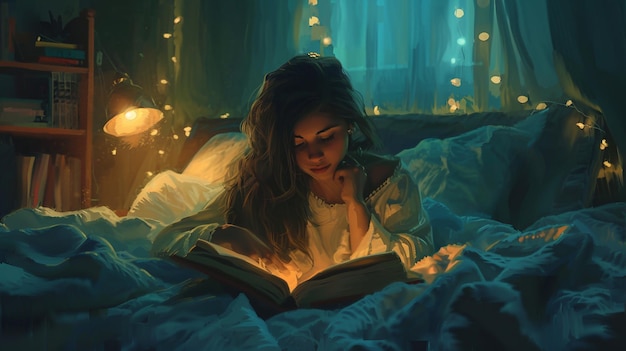 Photo of a Young Woman Reading by Bedside Lamp