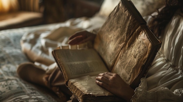 Photo of a Young Woman Reading by Bedside Lamp