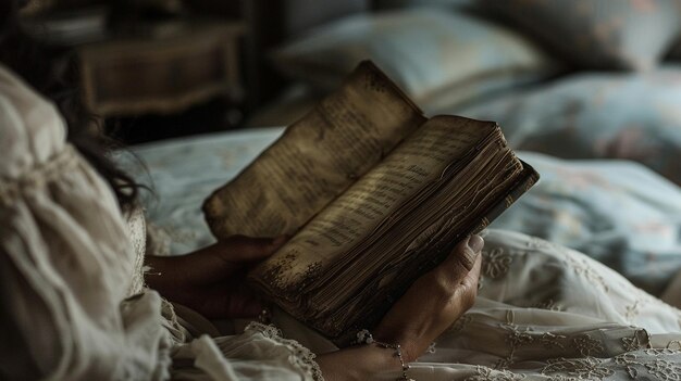 Photo of a Young Woman Reading by Bedside Lamp