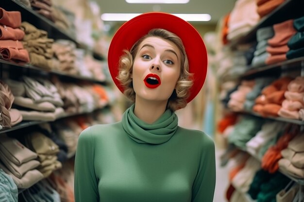 Photo photo young woman smiles and covers her mouth while shopping lady in beret poses near stand