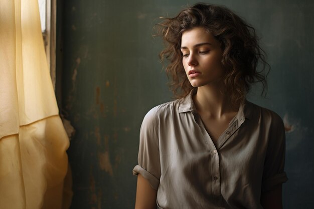 photo young woman standing in thinking pose