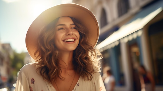 photo young woman wearing dress and hat walking in street sunlight hat generated by AI