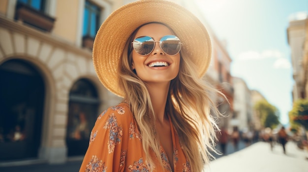 photo young woman wearing dress and hat walking in street sunlight hat generated by AI