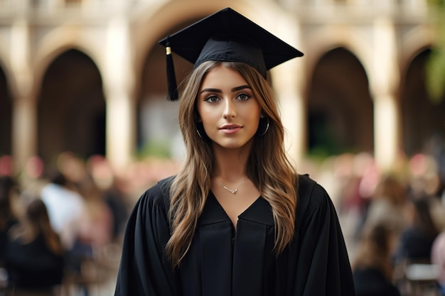 photo young woman wearing graduation gown in front of university