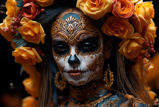 Photo of young woman with face painted to resemble skulls wears jacket