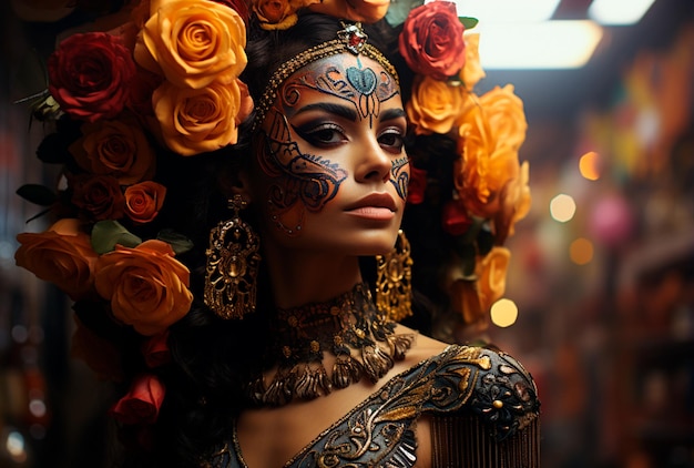 Photo of young woman with face painted to resemble skulls wears jacket