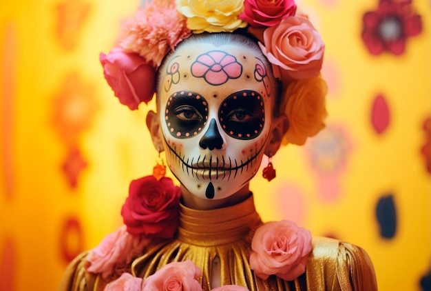 Photo of young woman with face painted to resemble skulls wears jacket