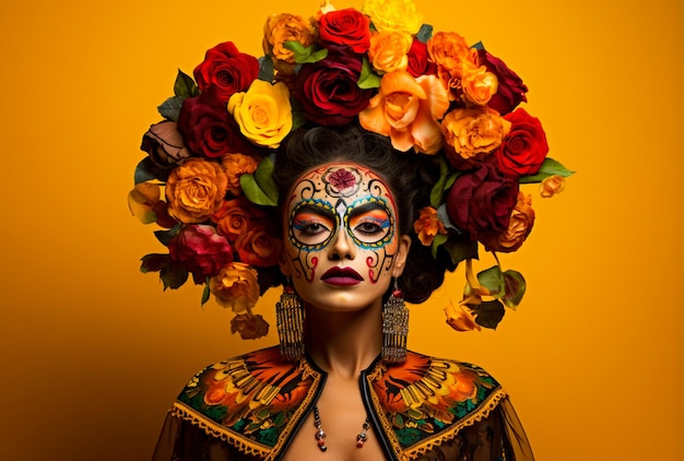 Photo of young woman with face painted to resemble skulls wears jacket