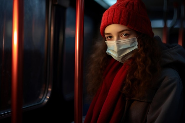 Foto foto di una giovane donna con la maschera nell'autobus