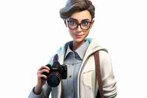 Photo a photo of a young woman with short brown hair and glasses smiling at the camera while holding a canon camera
