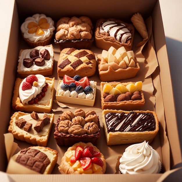 Photo of yummy assorted pastry in a box