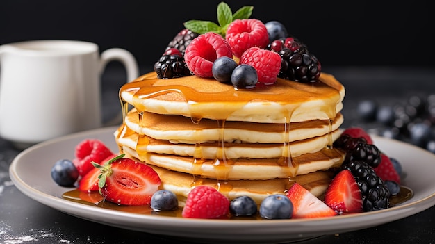 Photo of yummy fluffy breakfast pancakes with honey