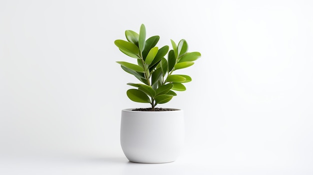 Photo of Zamioculcas zamiifolia in minimalist pot as houseplant for home decoration isolated on whit