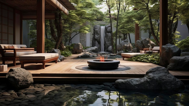 A photo of a Zen garden in a spa courtyard