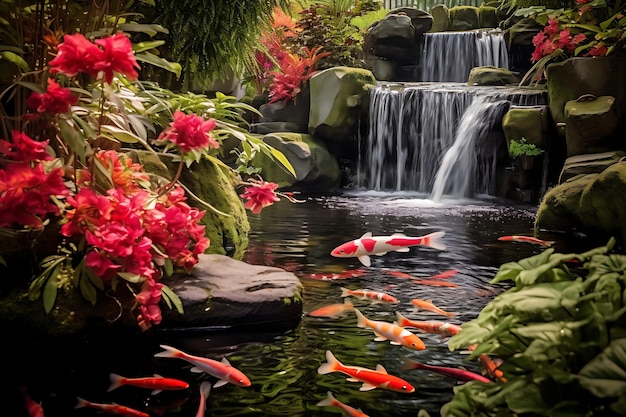 コイ池と竹の花の禅庭の写真