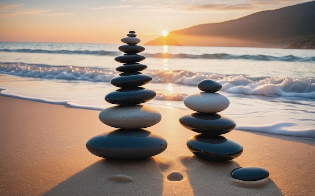 해변에서 균형 잡힌 젠 돌 사진 해가 뜨는 빛 명상과 휴식