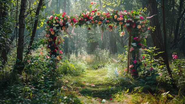 Photo photo zone of flowers in the forest flower arch