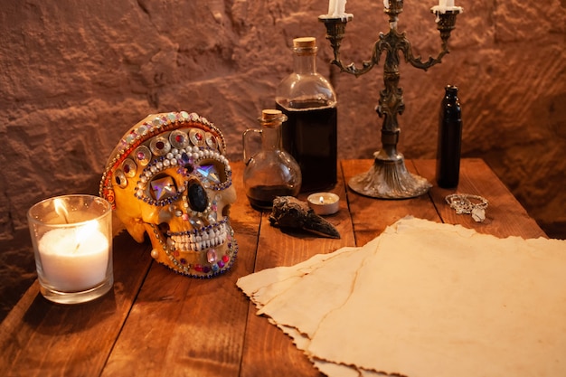 Photo zone in the studio for Halloween. Dramatic scenery for All Saints Day celebrations. The skull