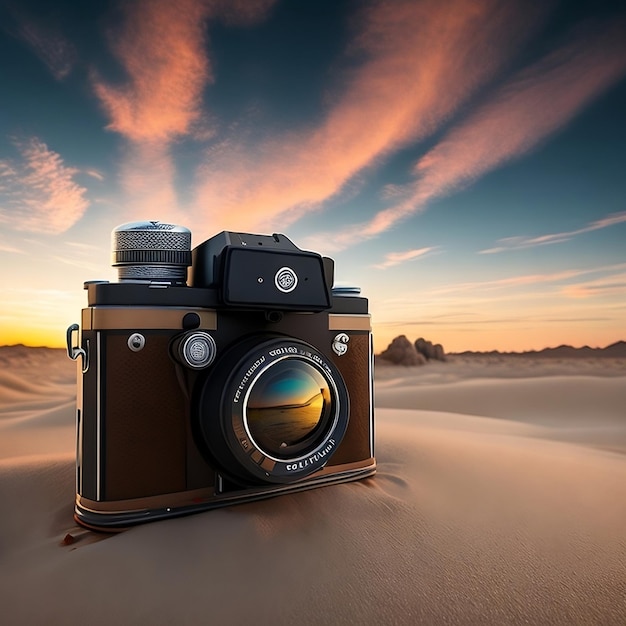 photocamera in the dessert at sunset