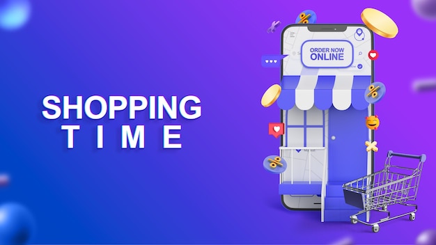 Photo photocomposition horizontal shopping banner with a online shop in a smartphone