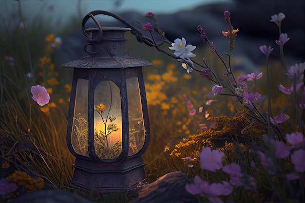 Фотогеничный фонарь среди цветущих полевых цветов в пустыне