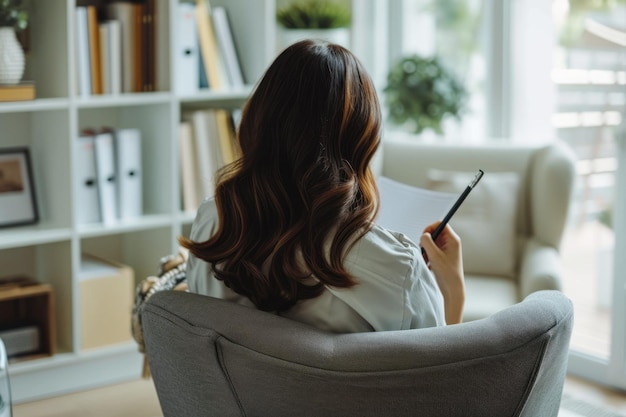 Photo a photograph of a 35year old female with dark brown hair sitting in a comfortable chair