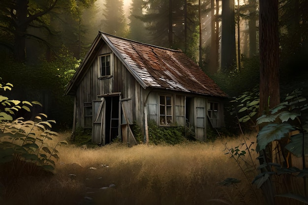 A photograph of an abandoned house nestled in the heart of a forest Generative AI