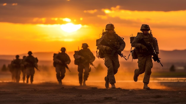 photograph of Army soldiers moving forward telephoto lens realistic sunset lighting